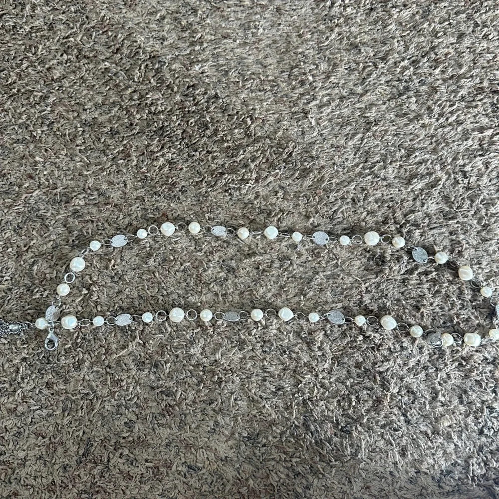 Womens Silver Tone Faux Pearl Chain Belt with Textured Discs and Tassel Detail